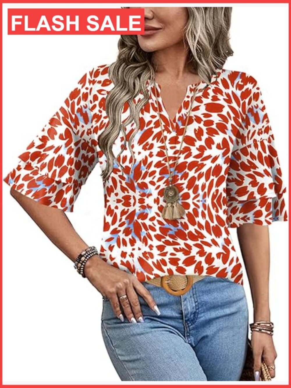 Ruffle Short Sleeve V Neck Blouse Dressy Casual Bell Sleeve Tee